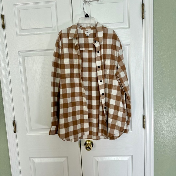 J. Crew Tan and White Women's Flannel Shacket Size Medium - Picture 1 of 7